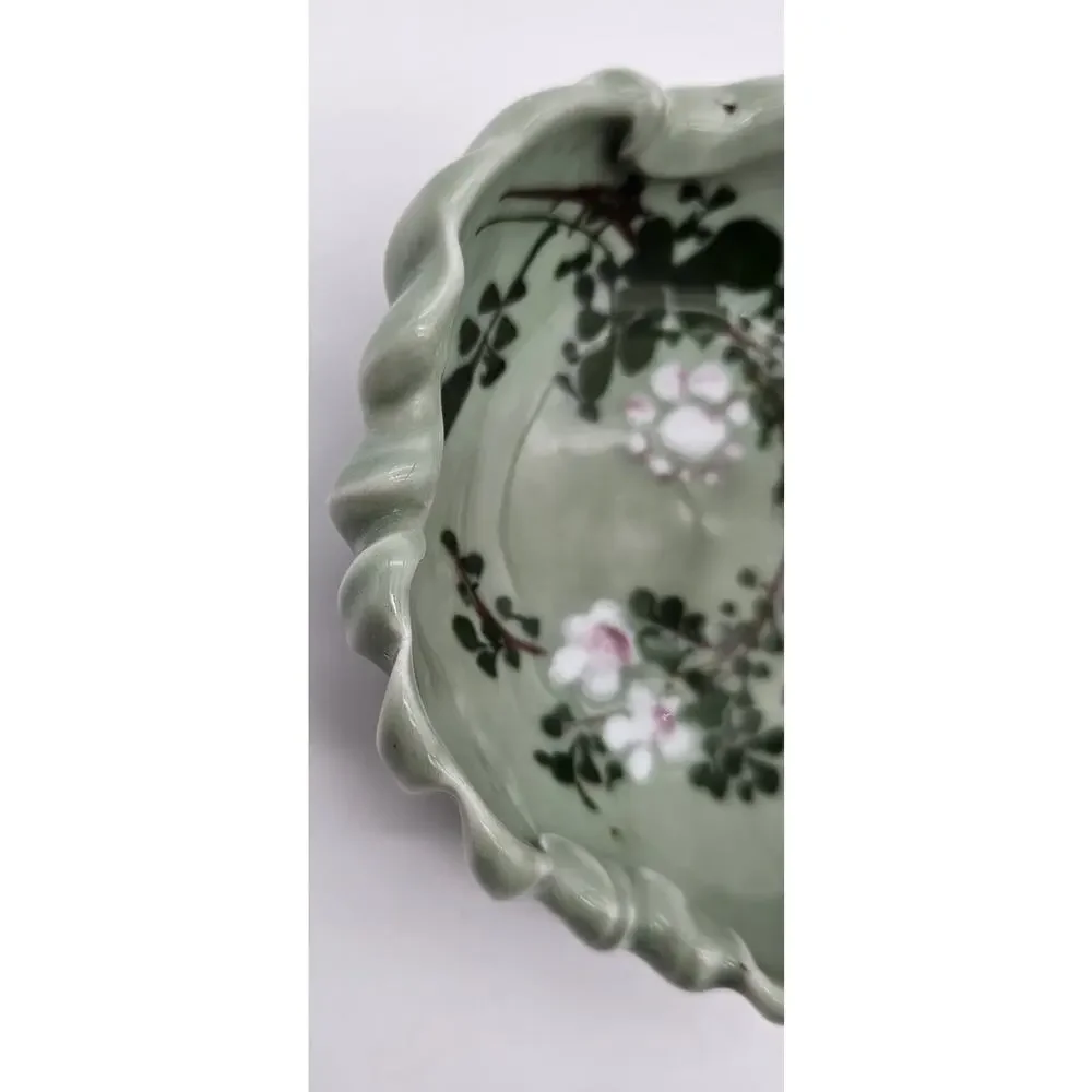 Antique Japanese Meiji Celadon Porcelain Brush Washer Cherry Blossoms